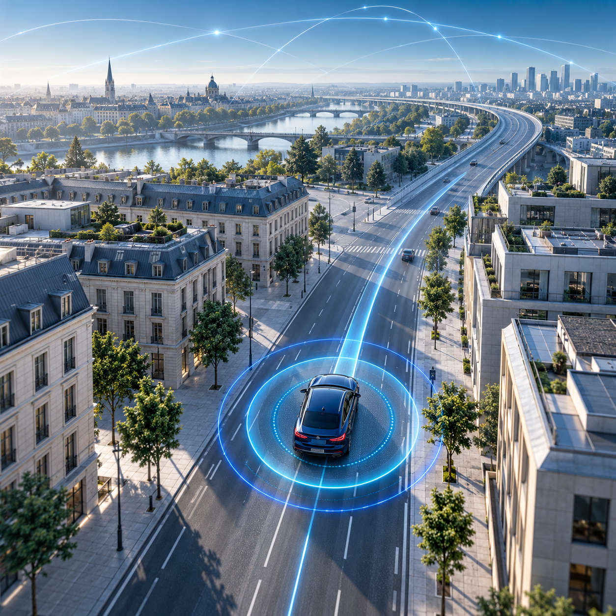 Dual-frequency GNSS signals guiding a dark-blue car accurately through a city