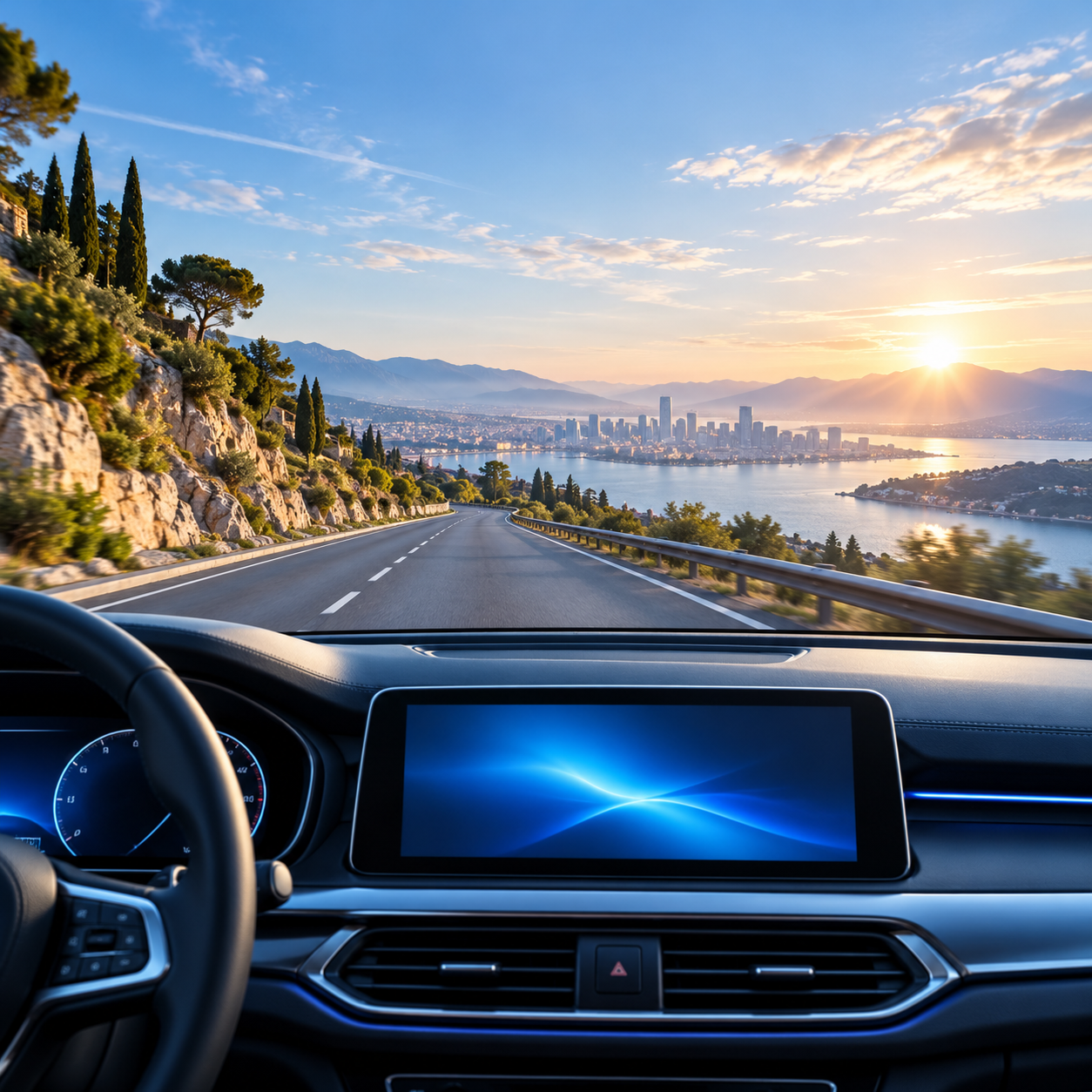 Premium factory-display driving experience on an open road toward the horizon