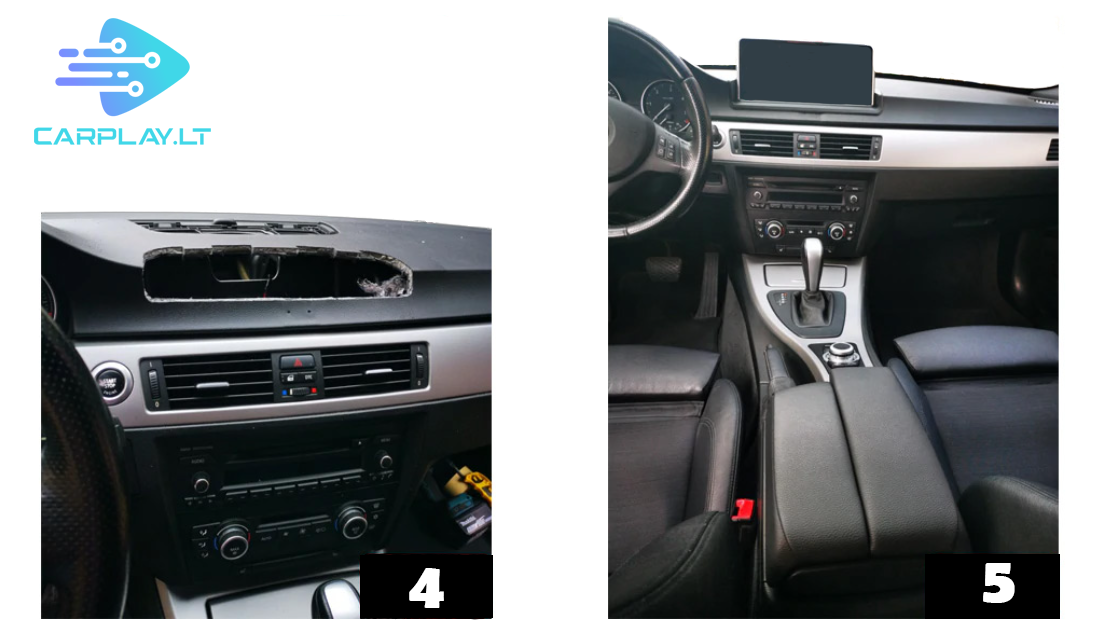 BMW E90 prietaisų skydelio pjovimo proceso antras žingsnis CarPlay ekrano montavimui