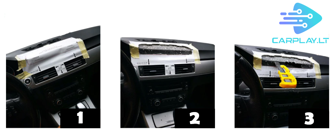 BMW E90 prietaisų skydelio pjovimo procesas CarPlay ekrano montavimui