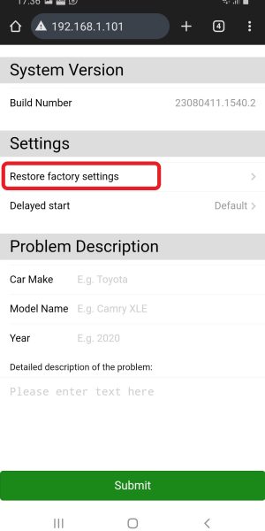 restore factory settings OK